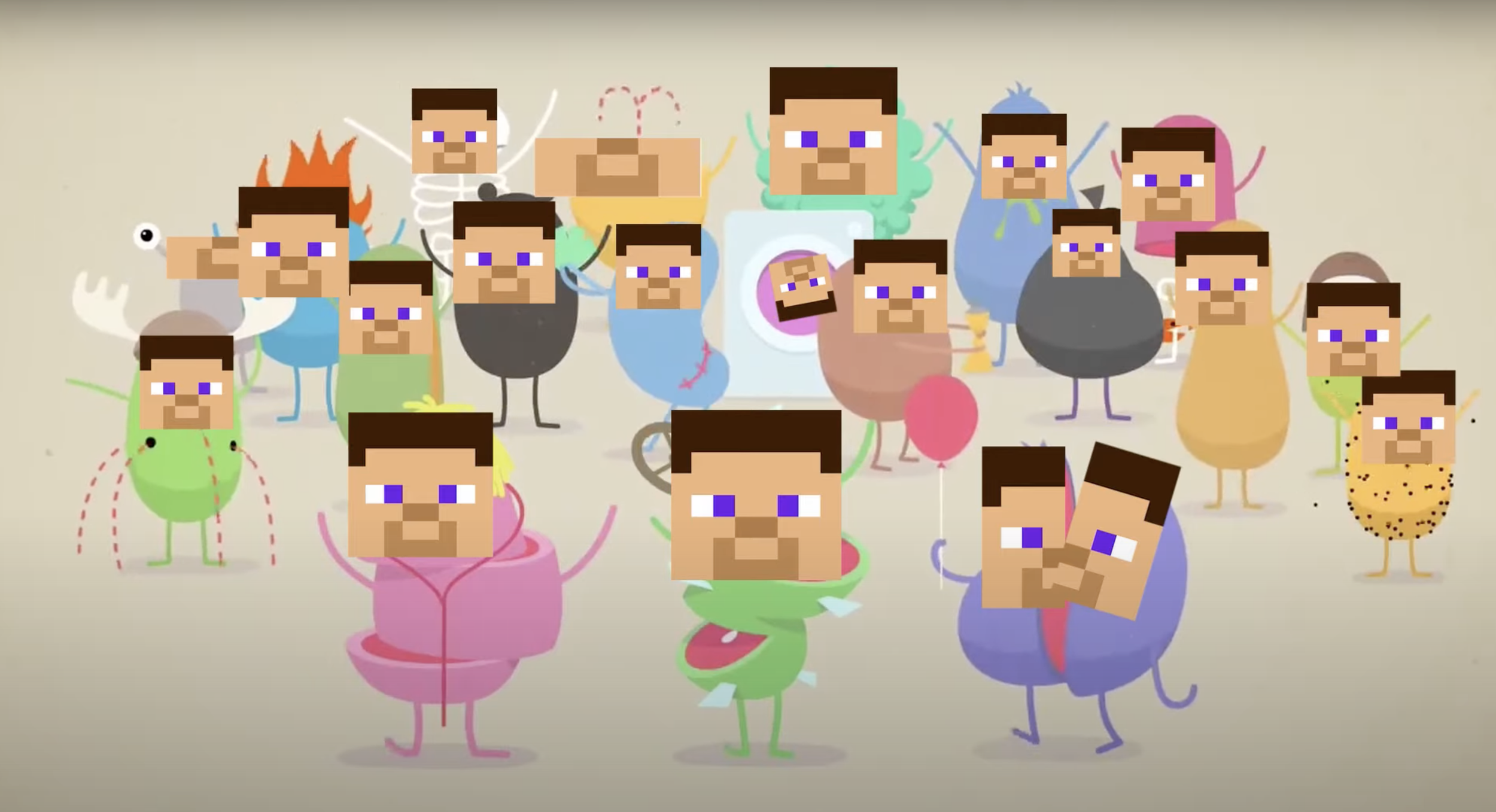 A cartoon group of various colorful animals with man's faces, some holding balloons, in a playful, whimsical scene.