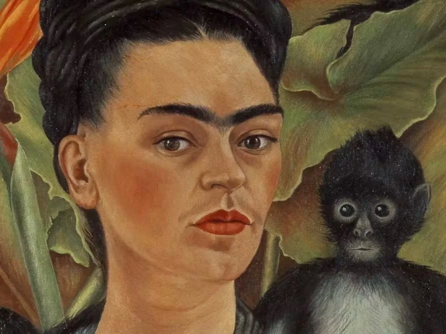 Portrait painting of a woman with a monkey, surrounded by green leaves.
