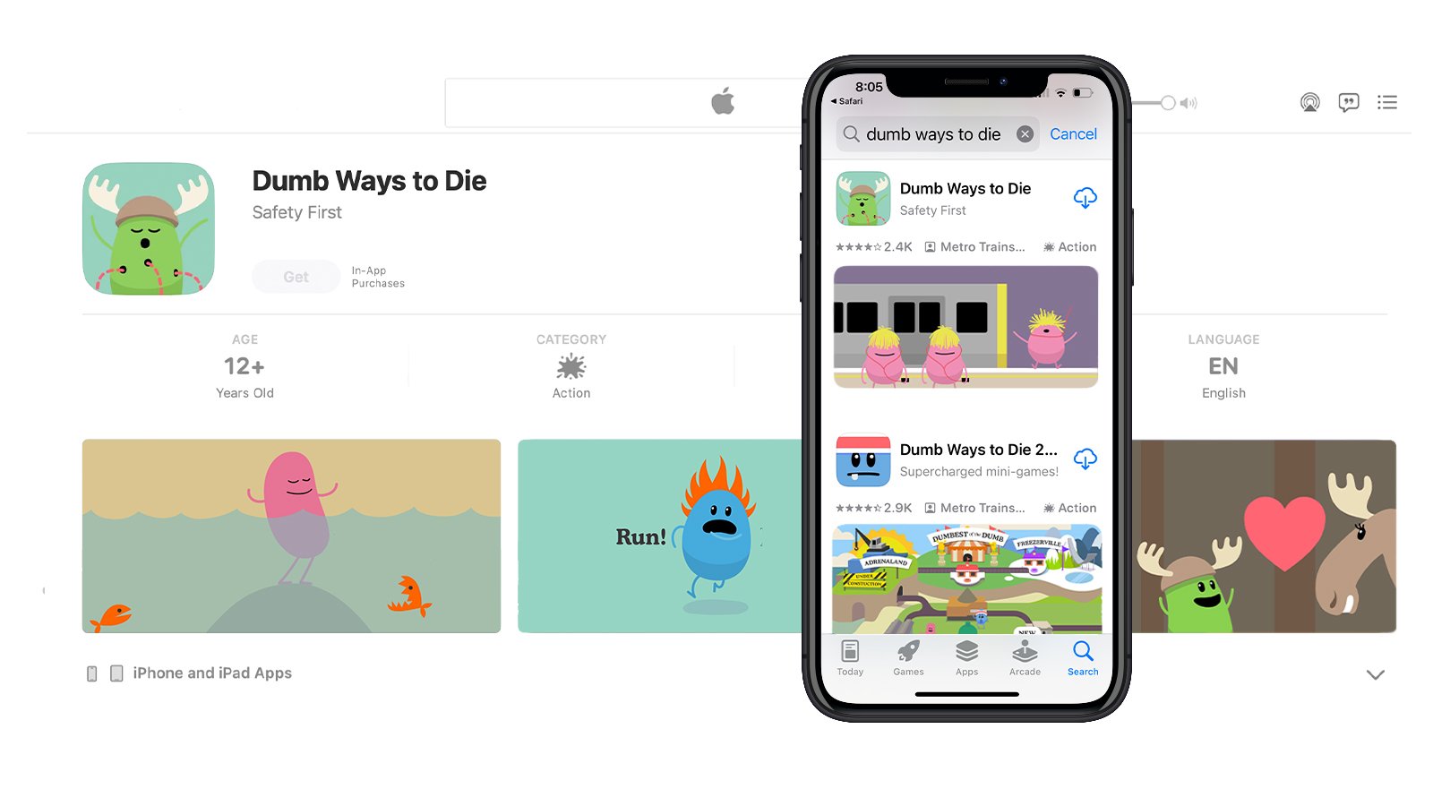App Store listing for 'Dumb Ways to Die,' showing app icon, rating, and available platforms, with an iPhone displaying search results for the same app.