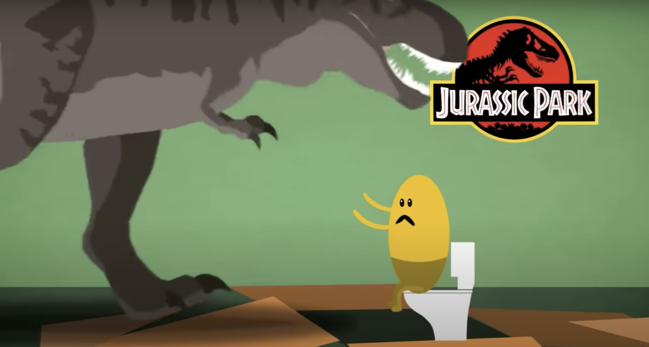 A cartoon illustration of a Tyrannosaurus rex with the Jurassic Park logo, a yellow sad egg character on a toilet, and a green background.