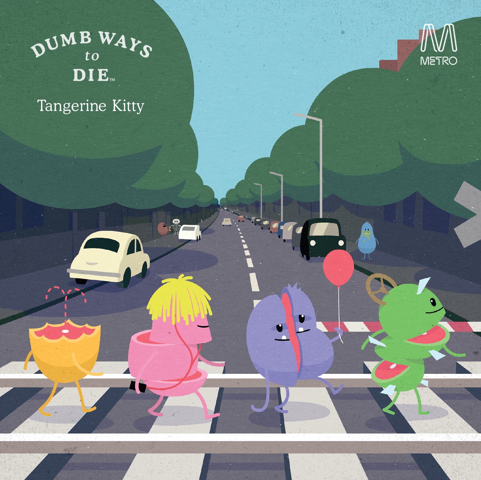 Illustration of cartoon characters crosswalk "Dumb Ways to Die" Tangerine Kitty urban scene.
