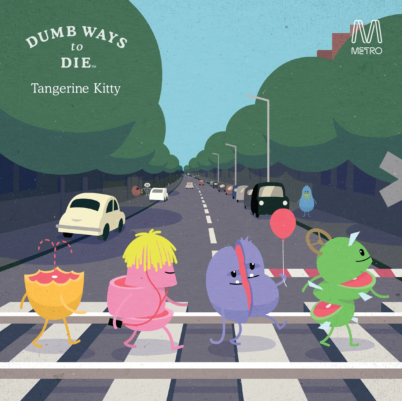 Illustration of cartoon characters crosswalk "Dumb Ways to Die" Tangerine Kitty urban scene.