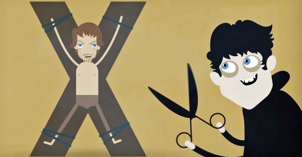 A cartoon depiction of someone being crucified with scissors in their hand, a person smiling with scissors in hand nearby.