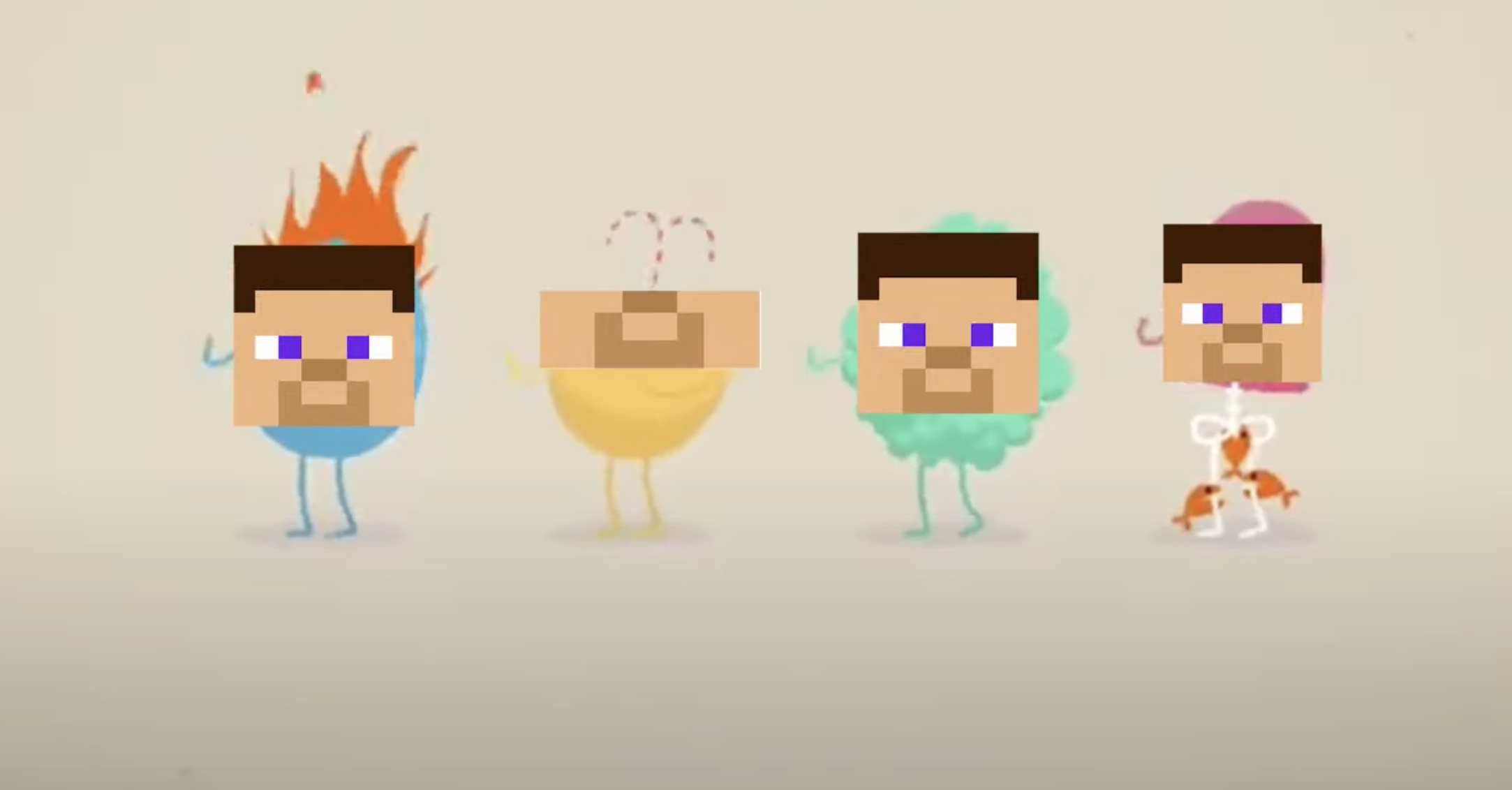 Four animated characters with pixelated faces and colorful bodies, each with a different theme: fire, yellow round with white and red striped antennae, green fluffy, and pink with a bow and orange tail.