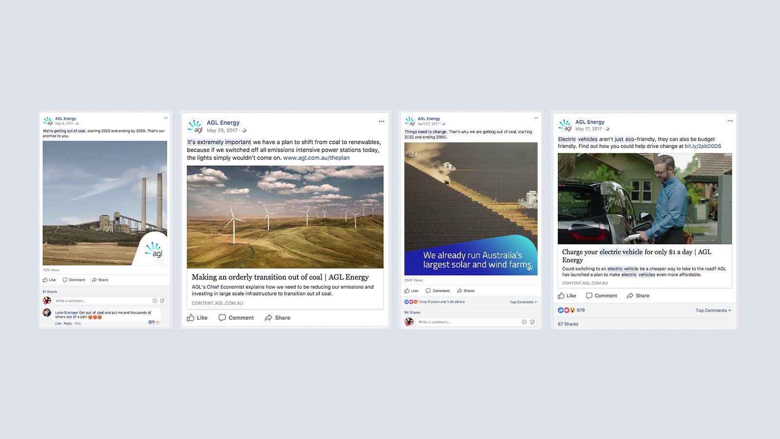 Four AGL Energy Facebook posts about transitioning from coal to renewables, featuring a power station, wind turbines, solar farm, and electric vehicle charging.