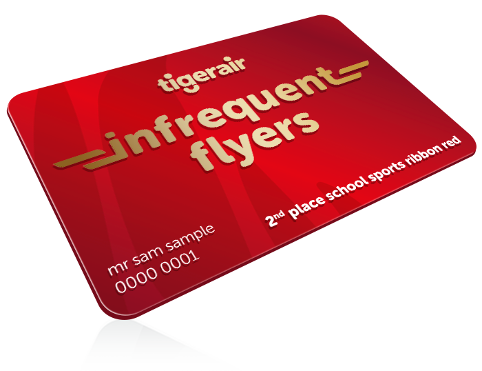 Red card labeled 'tigerair infrequent flyers' with placeholder text 'mr sam sample 0000 0001' and '2nd place school sports ribbon red'.