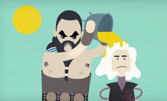 Animated cartoon scene with a muscular man pouring yellow liquid onto a woman with white hair, both under a yellow sun.