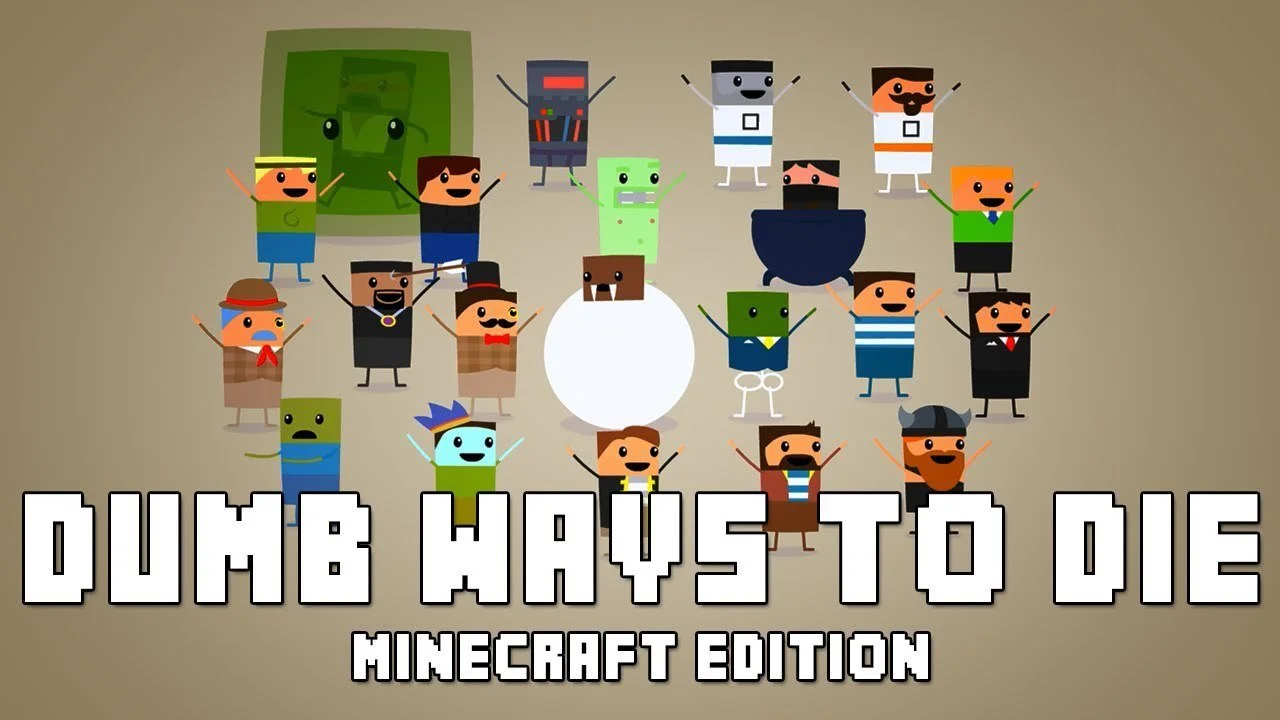 Pixel art characters from Minecraft Snug, with the title text "Dumb Ways to Die Minecraft Edition" in bold white letters.