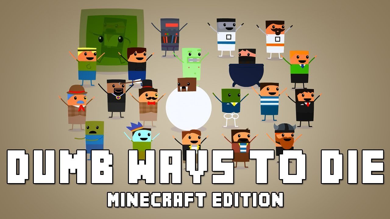 Pixel art characters from Minecraft Snug, with the title text "Dumb Ways to Die Minecraft Edition" in bold white letters.