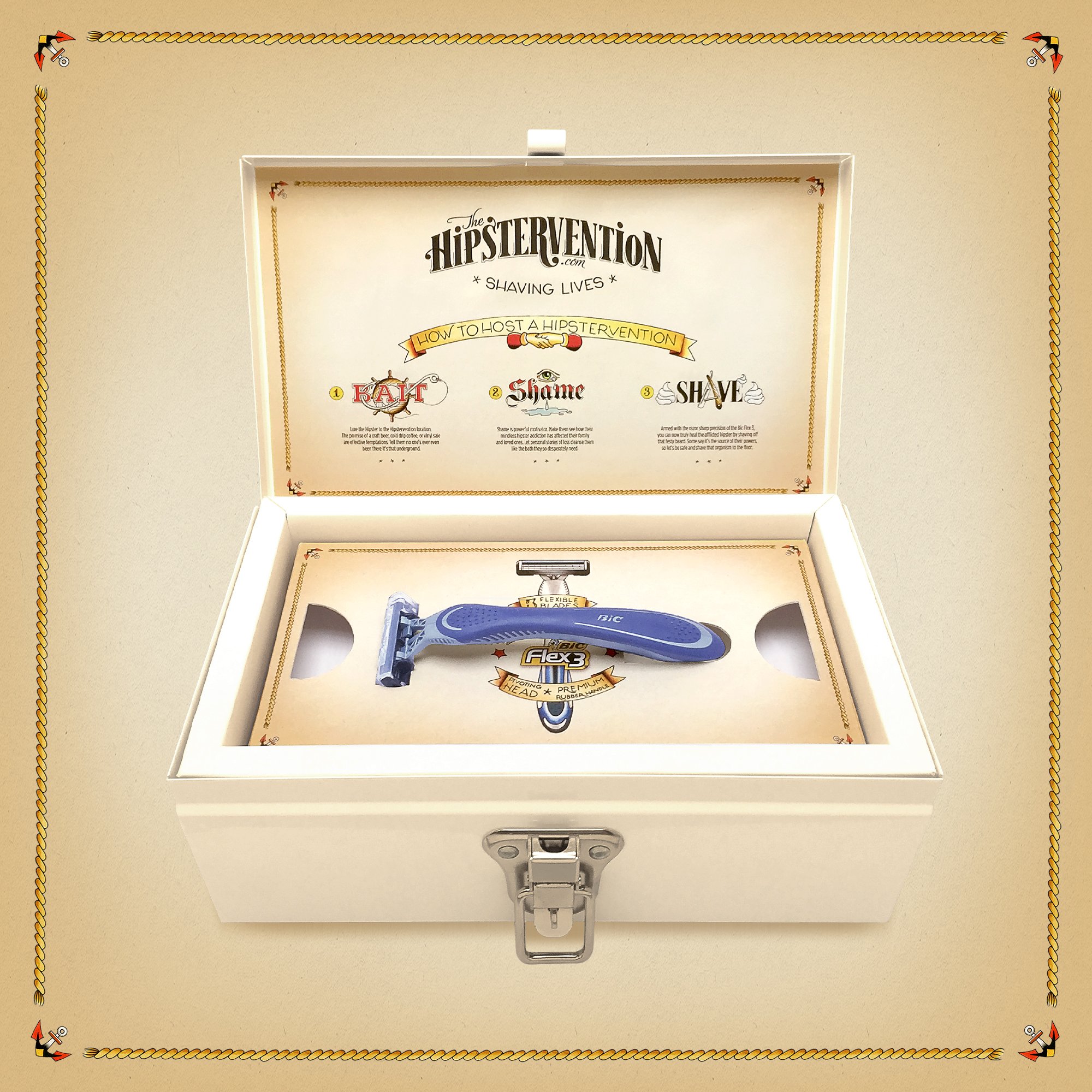 Promotional razor kit in a box with instructions, branded 'Hipstervention' and 'Flex 3' razor.