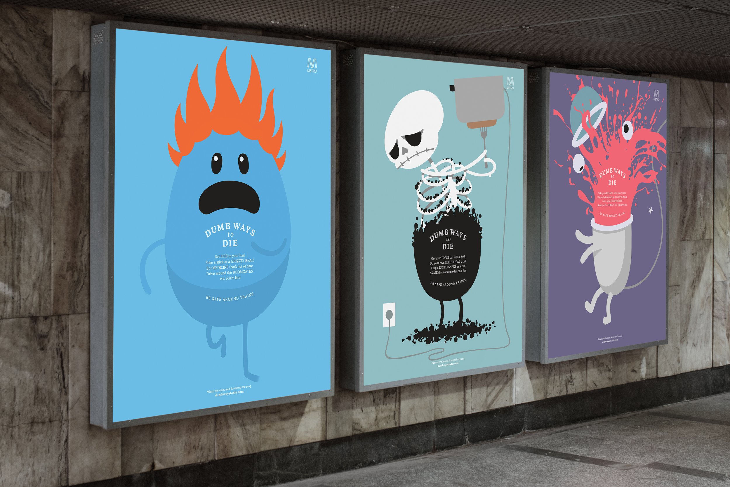 Subway wall with three colorful "Dumb Ways to Die" posters featuring cartoon characters in humorous dangerous situations. Characters include a blue figure with fire on its head, a skeleton with an electrical plug, and a character with a bleeding head