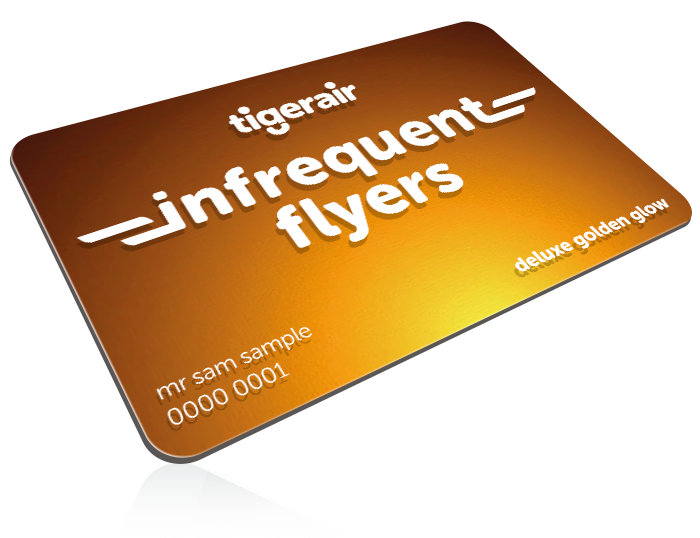 Tigerair infrequent flyers card "deluxe golden glow" with sample name and number.