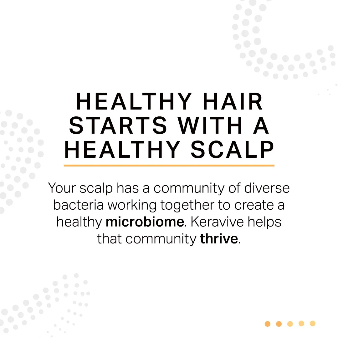 Graphic with text "Healthy hair starts with a healthy scalp" promoting Keravive scalp health benefits