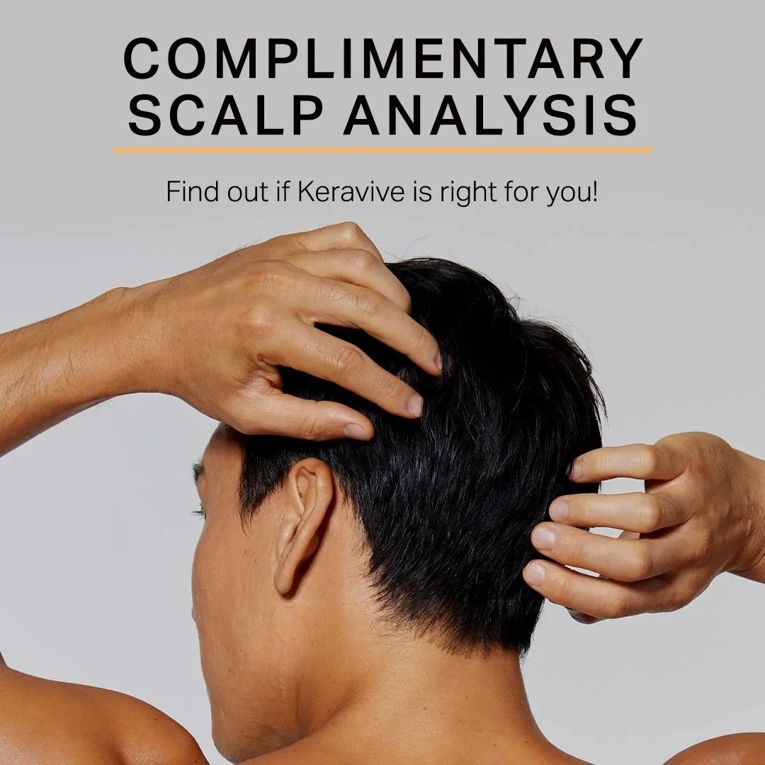Close-up of person with hands on scalp promoting complimentary Keravive scalp analysis at The Ivy Day Spa.