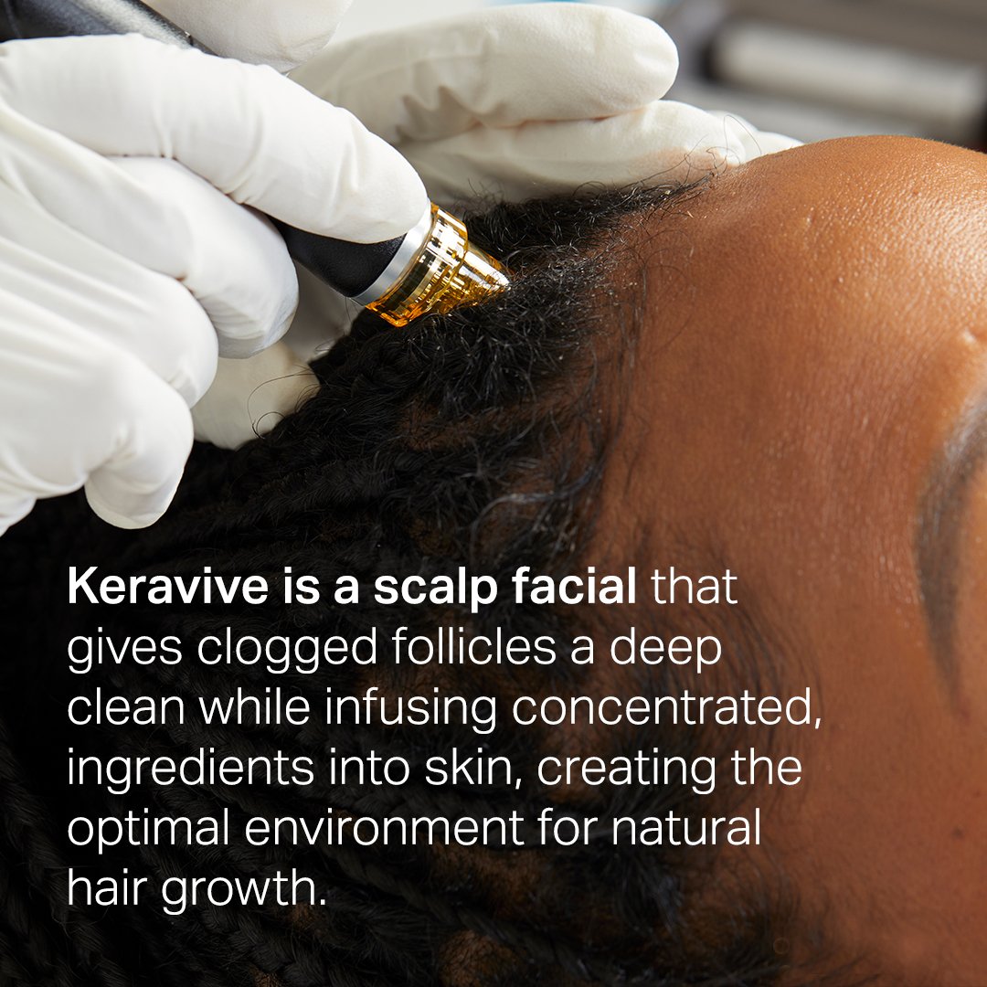 Close-up of Keravive scalp treatment being applied with text describing benefits for hair growth