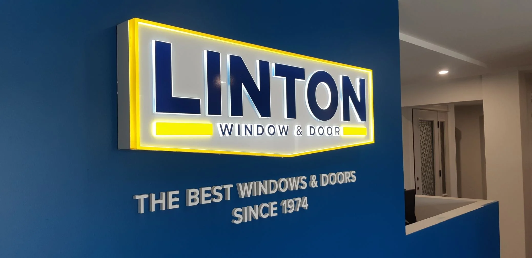 Linton Window and Door Interior LED backlit custom built dimensional wall sign