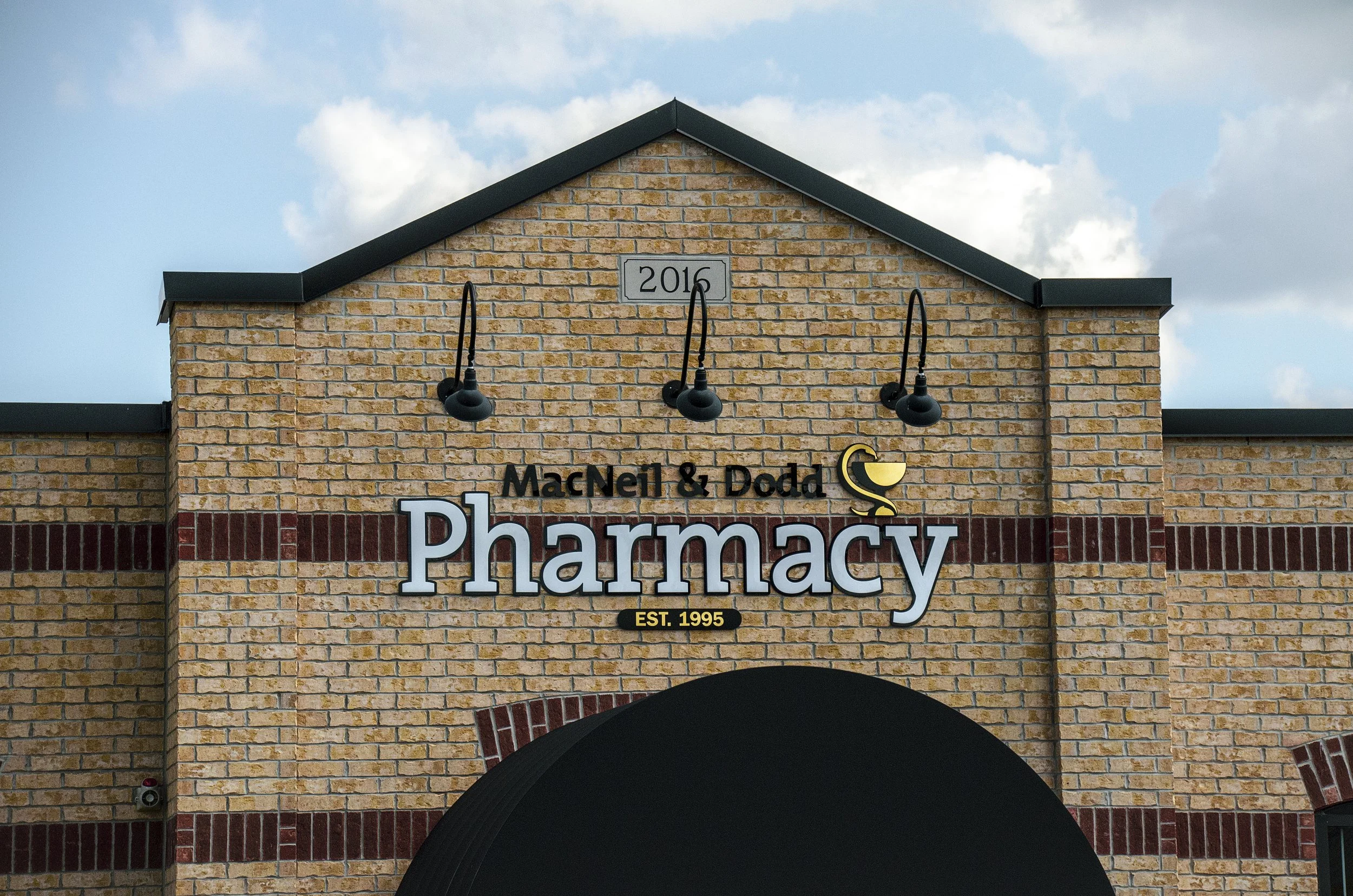 MacNeil & Dodd Pharmacy Storefront Exterior gold leaf Sign 