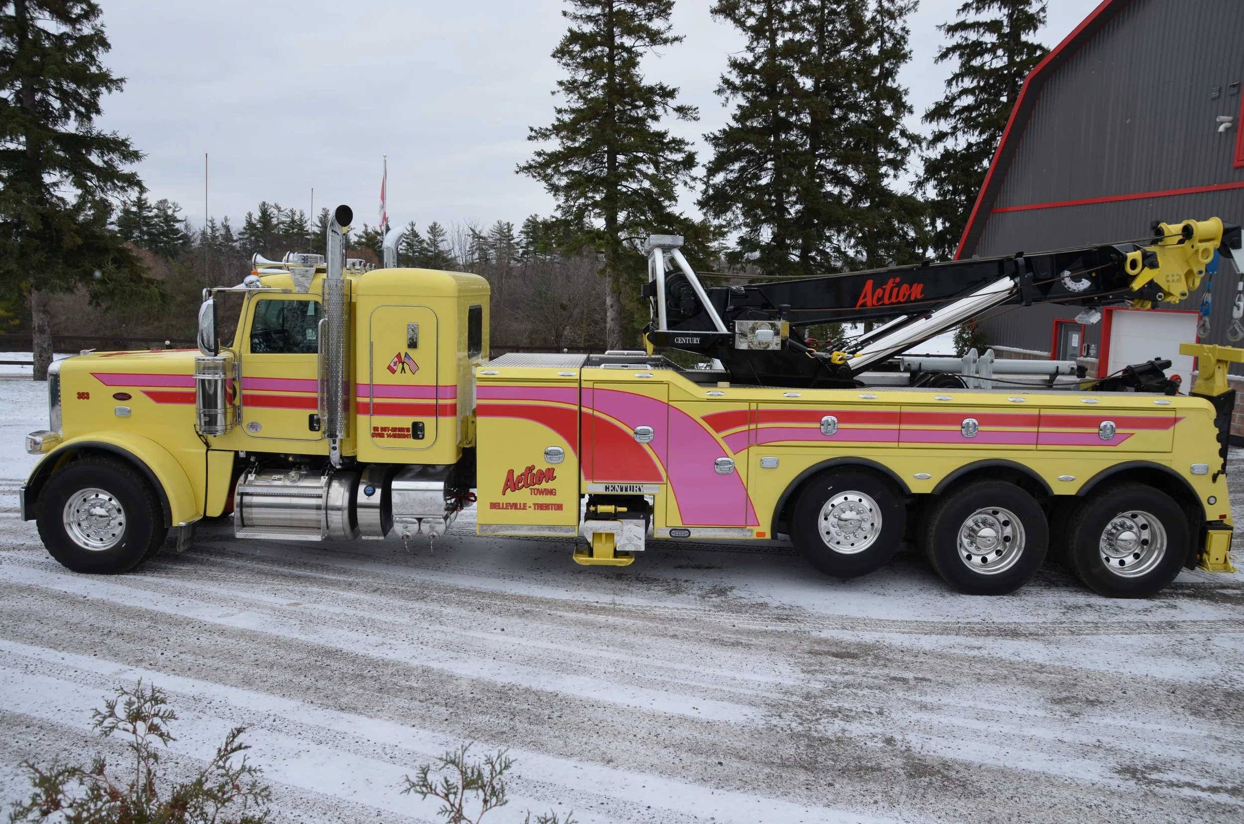 Action towing Tow truck graphics and stripe package side view