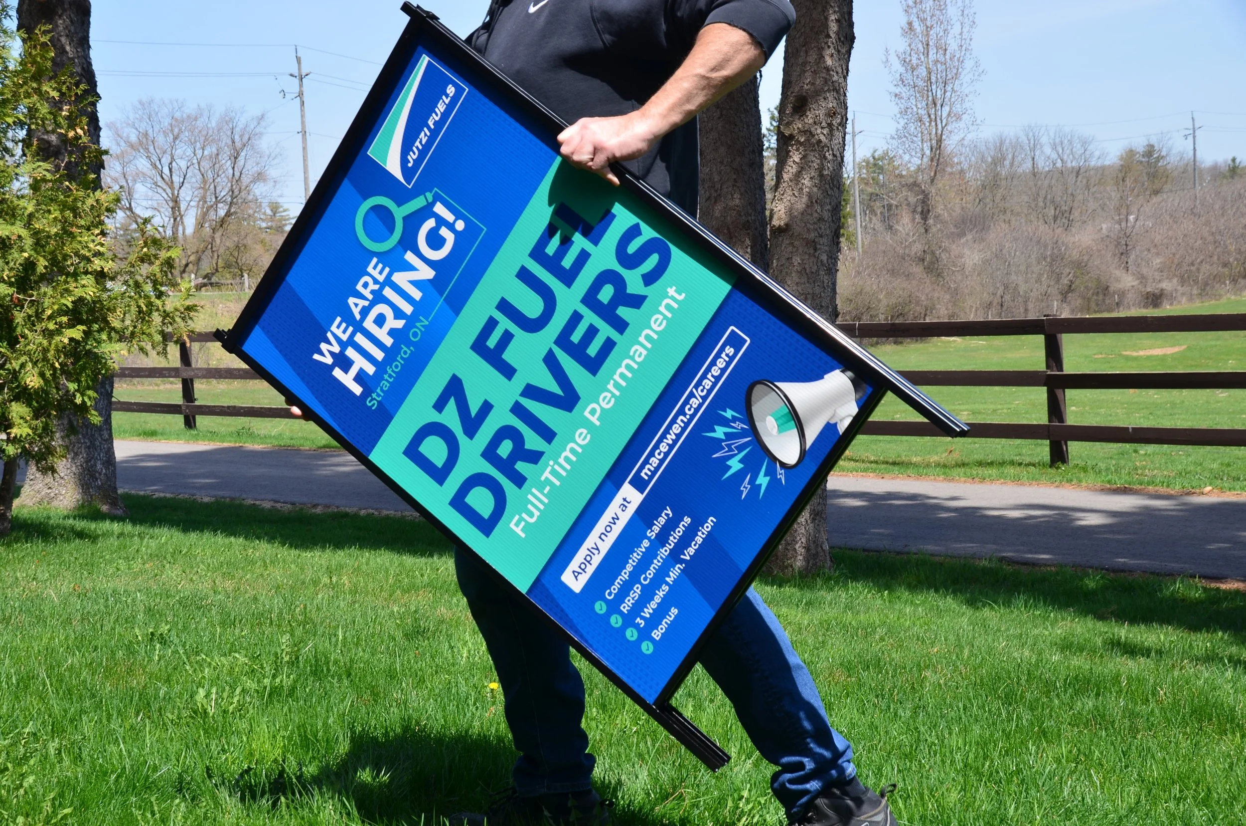 A frame Jutzi Fuels stand up exterior sign