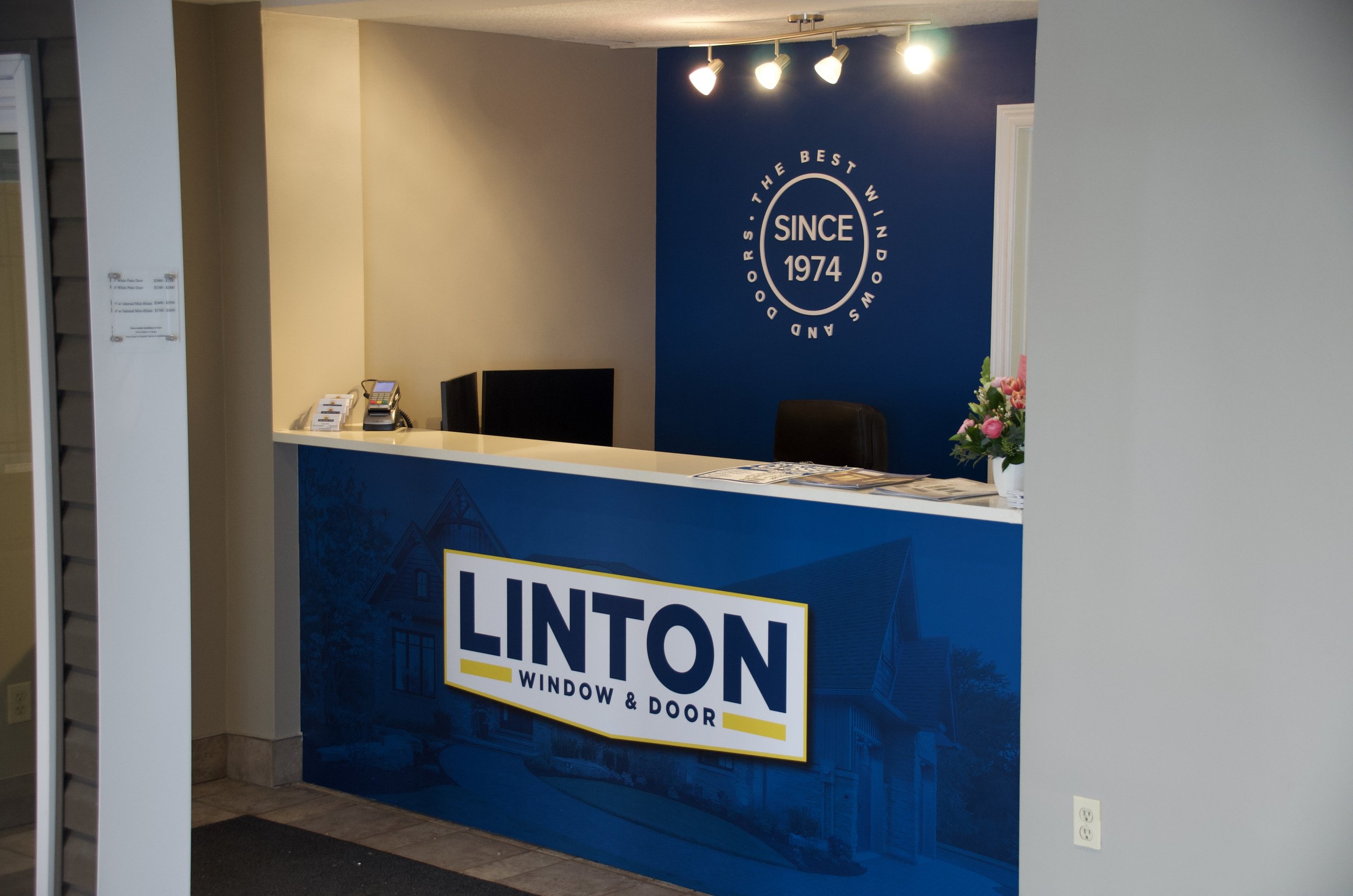 Linton Window and Door interior business front graphics and cut vinyl