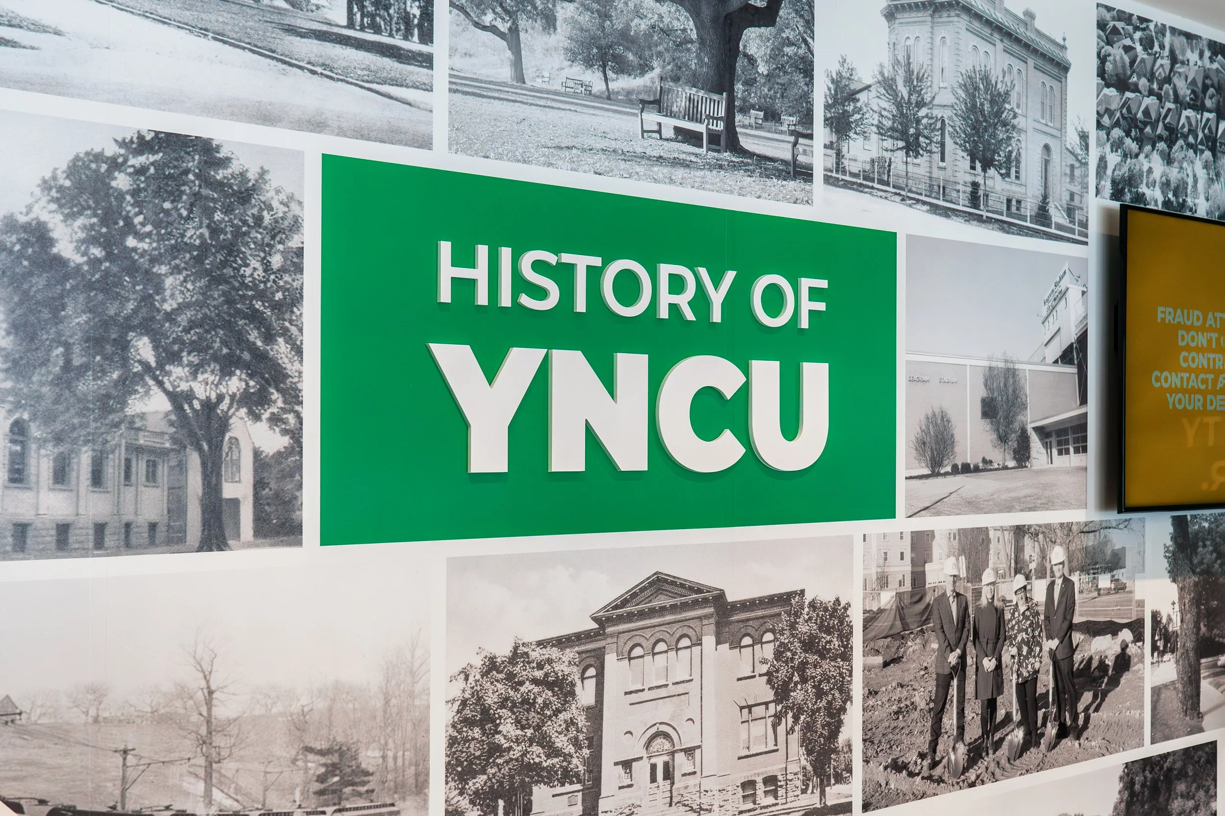 YNCU History wall 3M wall wrap with dimensional PVC lettering