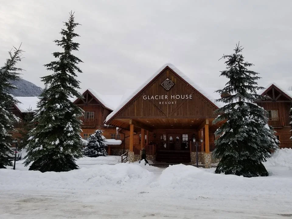 Glacier House Exterior Aluminum cut front entrance sign close up 