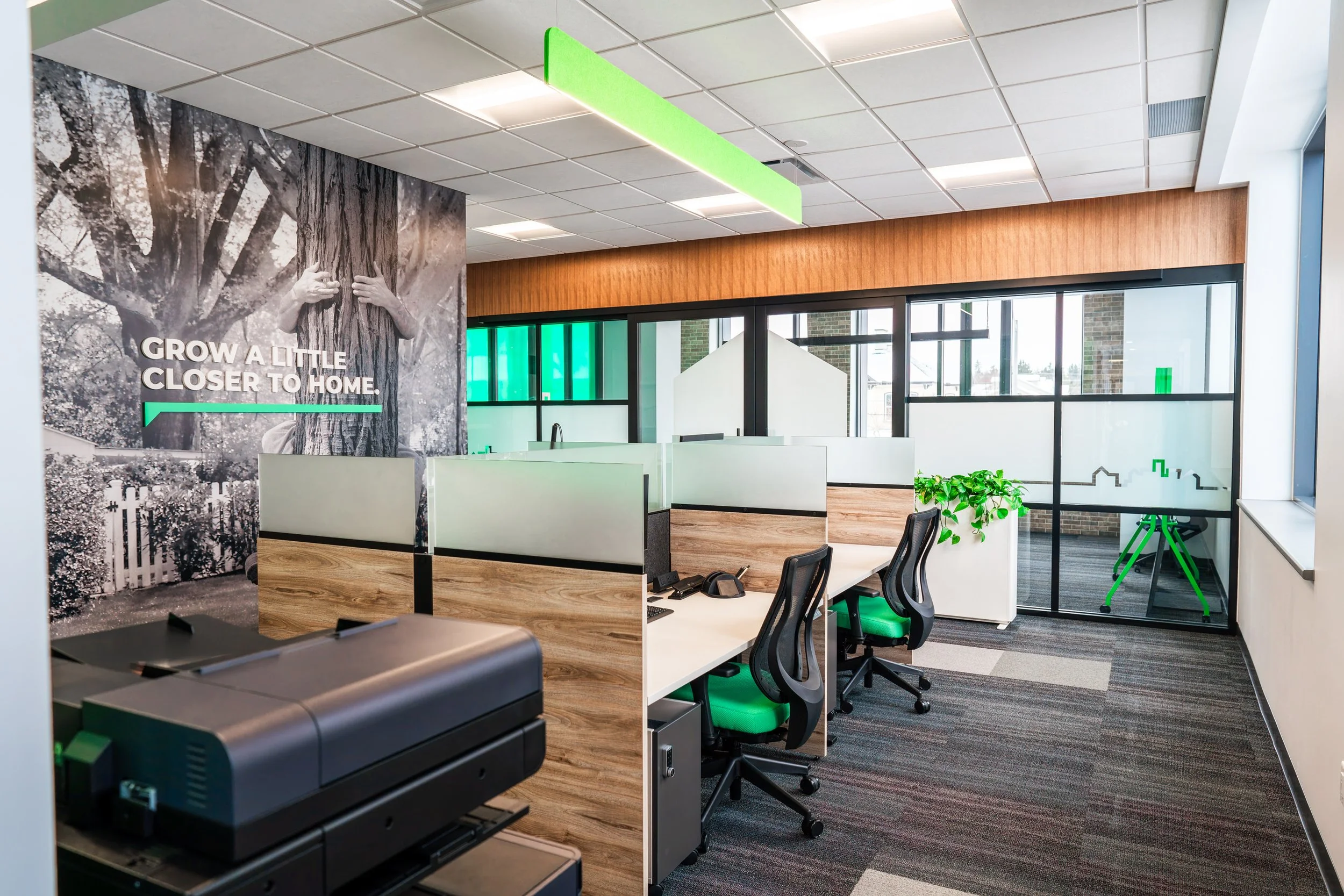 YNCU interior 3M wall wrap with dimensional PVC letters and white frosted privacy window film