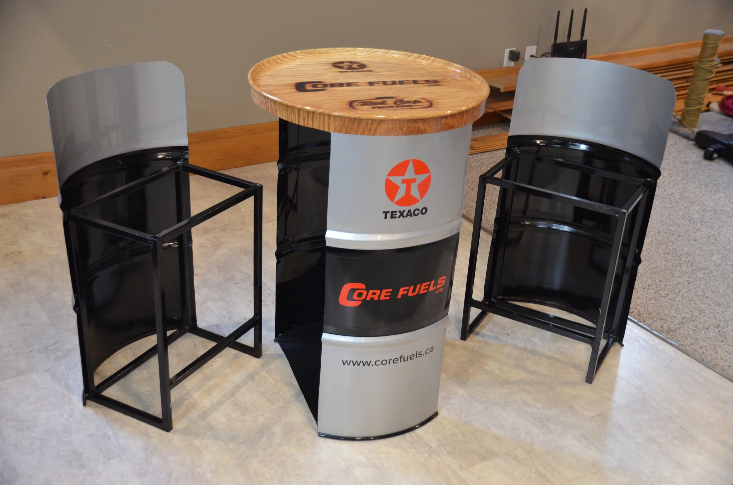 Core Fuels Barrel Table cut vinyl logo decals and printed 3M wrapped table top
