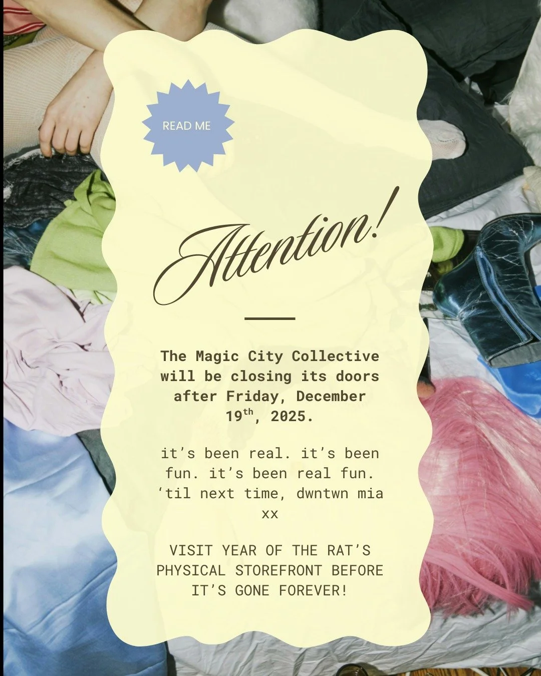 change of plans: the grand finale is coming early 🥂 

last day to shop @themagiccitycollective is this friday, 12/19/25.

it's been real. it's been fun. it's been real fun. til next time, dwntwn mia. never lose ur magic 💫