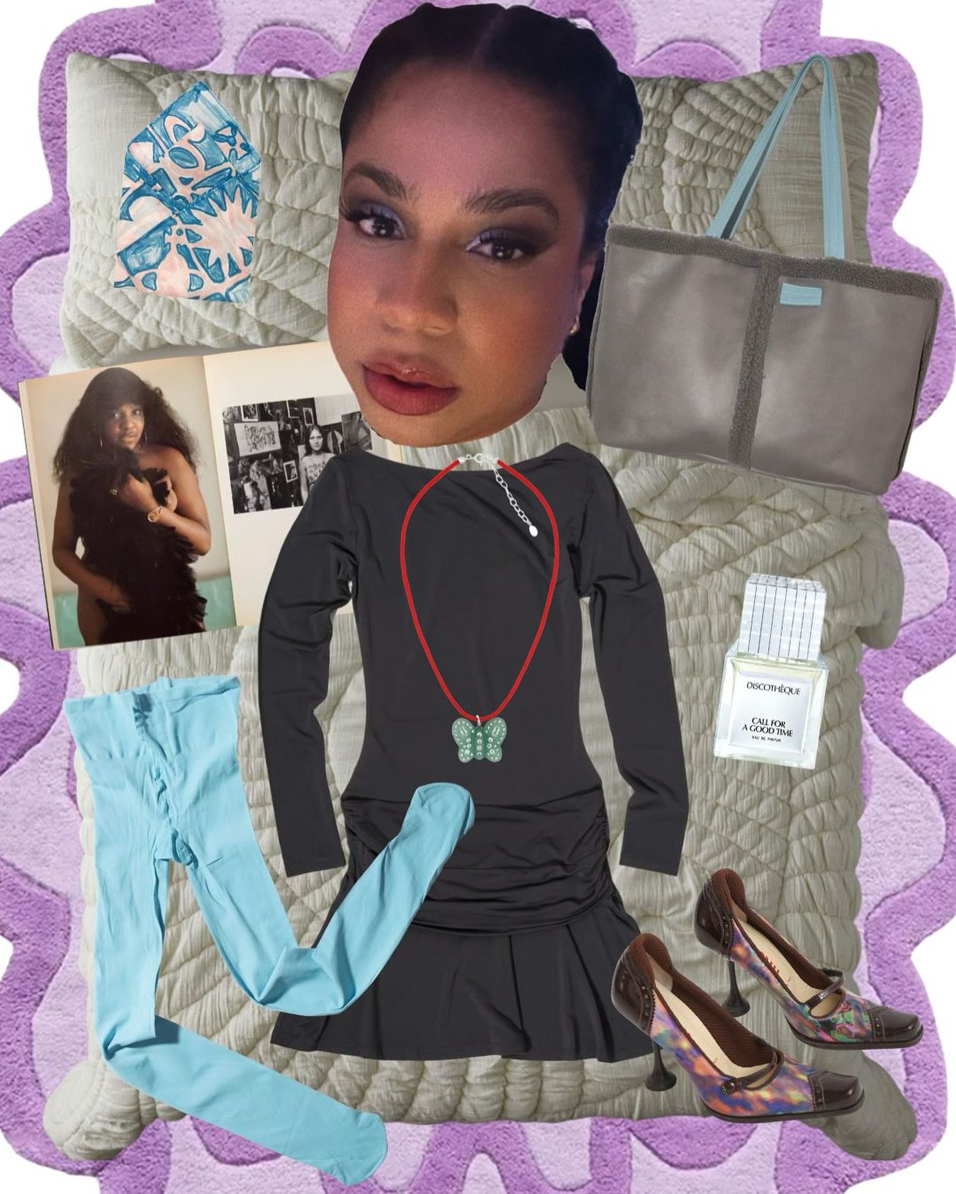 while you were sleeping&hellip; 💭

dreaming of @b.d.bibi_bom_bom 

reading:
sex objects by @kroll.eric 

wearing:
Paloma Wool dress + purse 
Sandy Liang jade butterfly necklace 
Miu Miu holographic pumps 
Vivienne Westwood symbol handkerchief