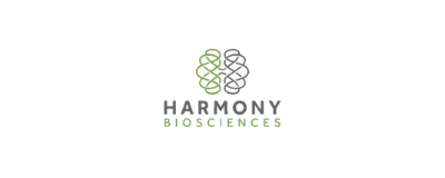 Logo with interconnected green and gray circles above the text 'HARMONY BIOSCIENCES' in black and green.