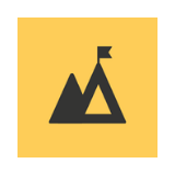 Icon of a mountain with a flag on top, on a yellow background.