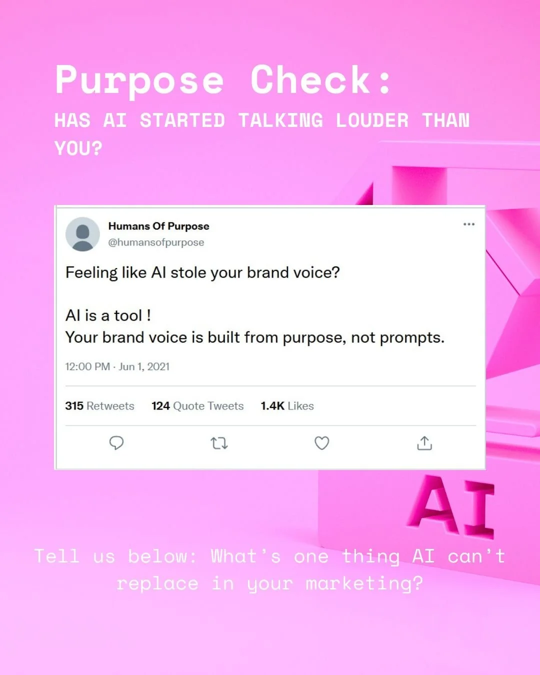Feeling like AI stole your brand voice? 

AI is a tool, not a storyteller.
Your brand&rsquo;s voice comes from purpose, people, and lived experience, not from prompts or templates.
At Humans of Purpose, we help purpose-led businesses rediscover that 