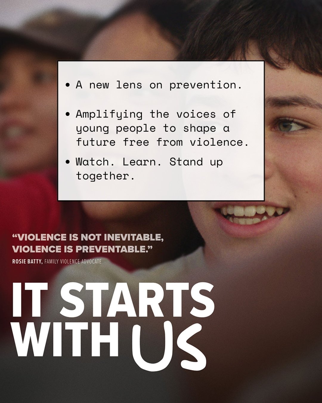 When we listen, we learn.

It Starts With Us invites us into the perspectives of young people, not to place responsibility on them, but to understand prevention through their lived experience.

Their insights create space for new thinking&hellip; for