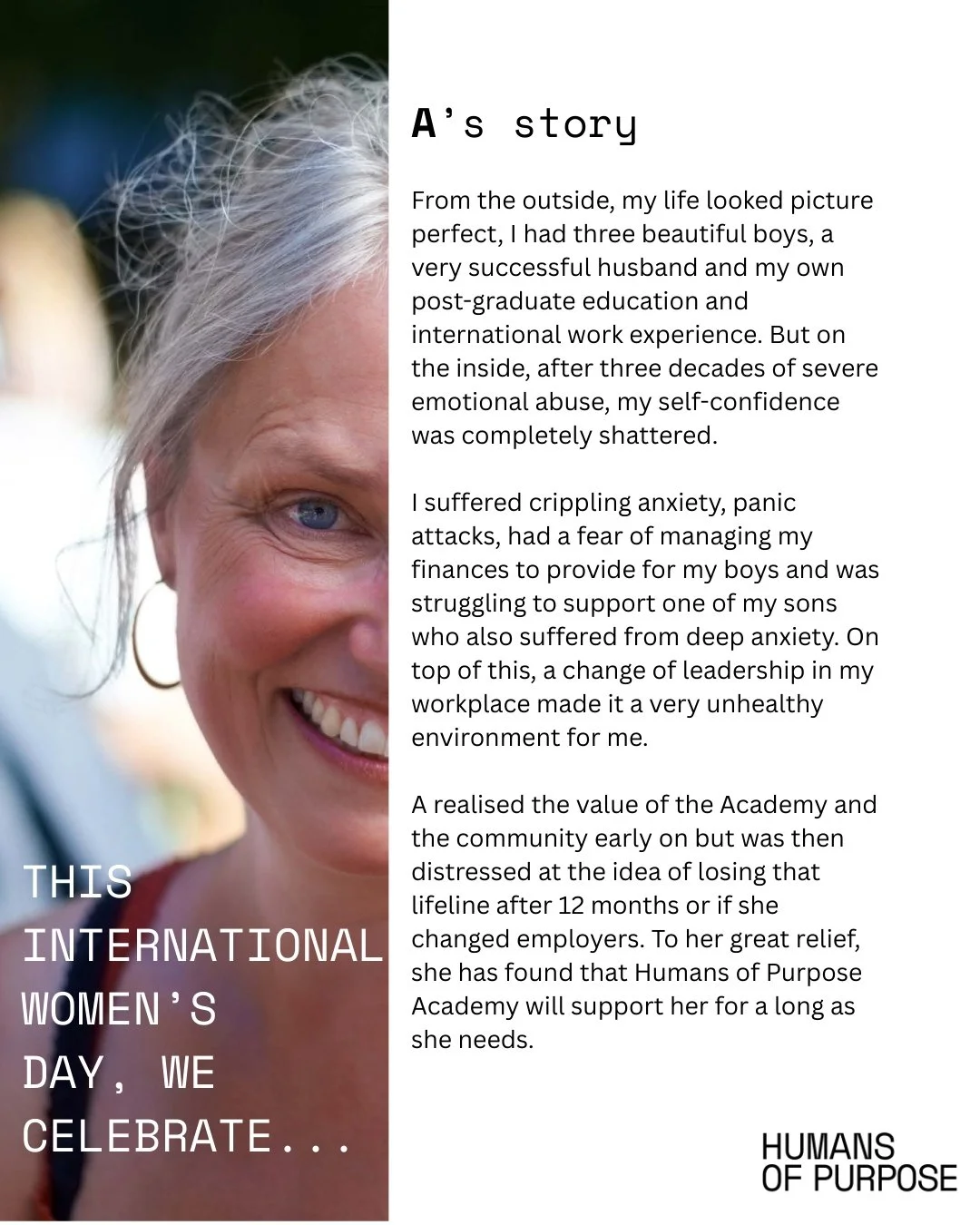 This International Women's Day we celebrate the strength it takes to rebuild.

Stories like A's remind us that balancing the scales means restoring confidence, independence and the ability to make decisions about your own future.

Read more stories o