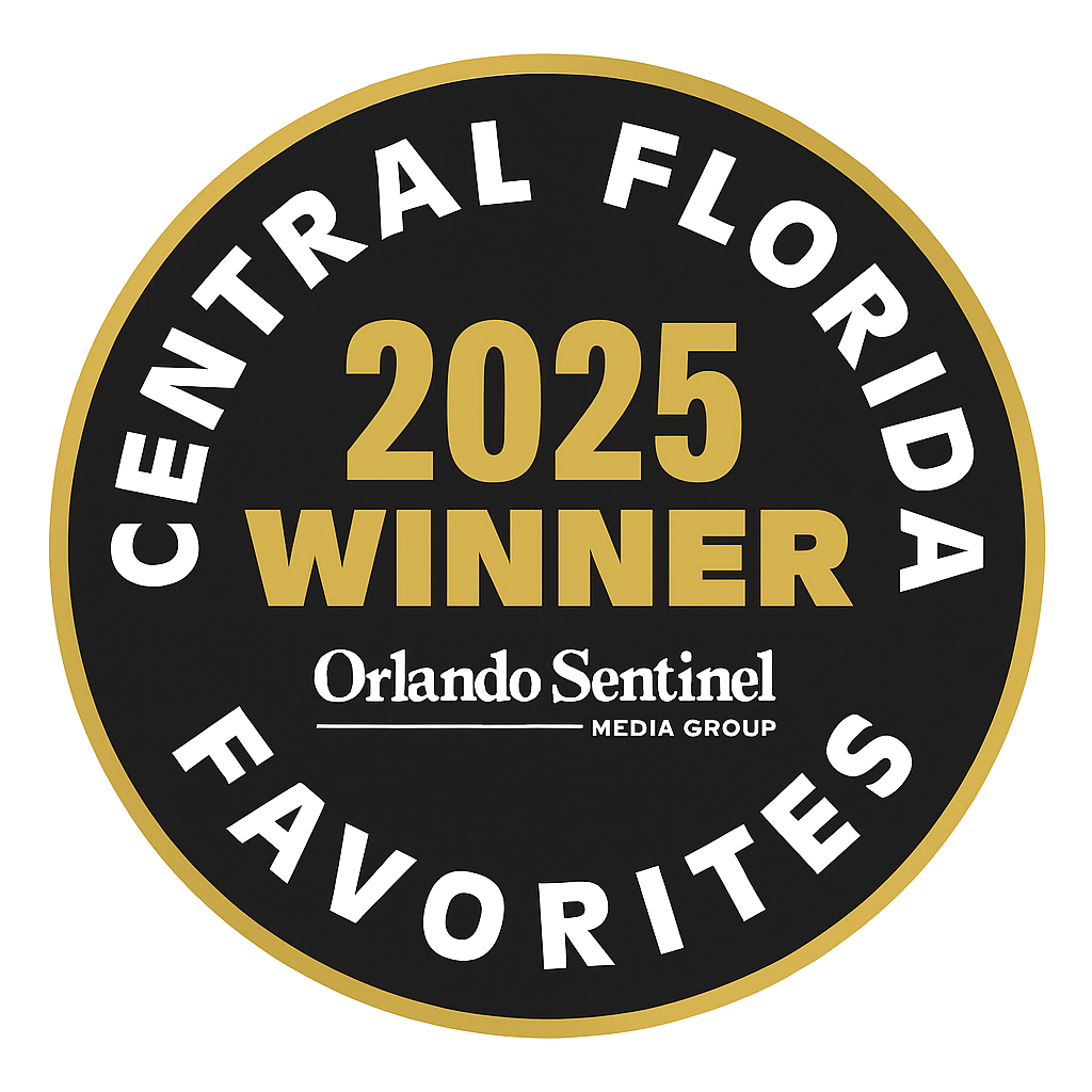 A circular award badge with a black background and gold border, indicating the Orlando Sentinel Media Group's 2025 winner for favorite Florida entertainment.