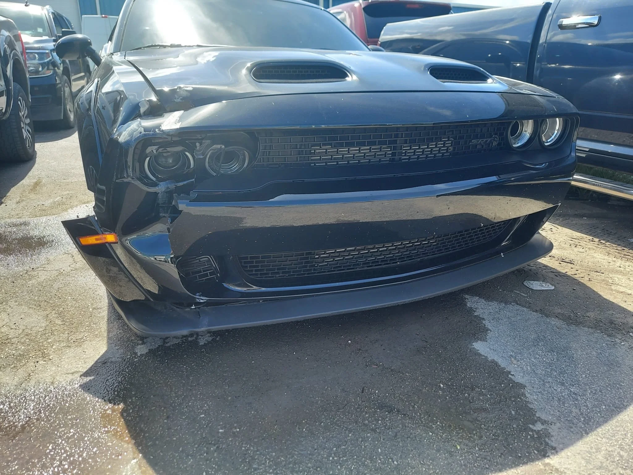 Black Dodge Challenger with front-end damage parked among other vehicles.