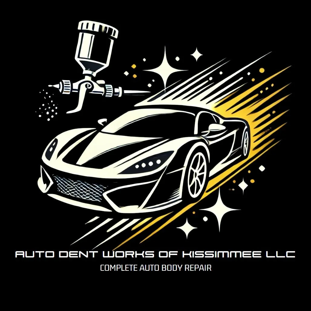 Logo for Auto Dent Works of Kissimmee LLC featuring a stylized sports car and a spray gun, with the text "Complete Auto Body Repair".