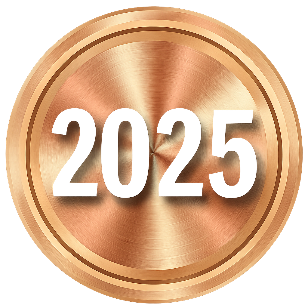 A metallic, copper-colored medallion with the year '2025' embossed on it.