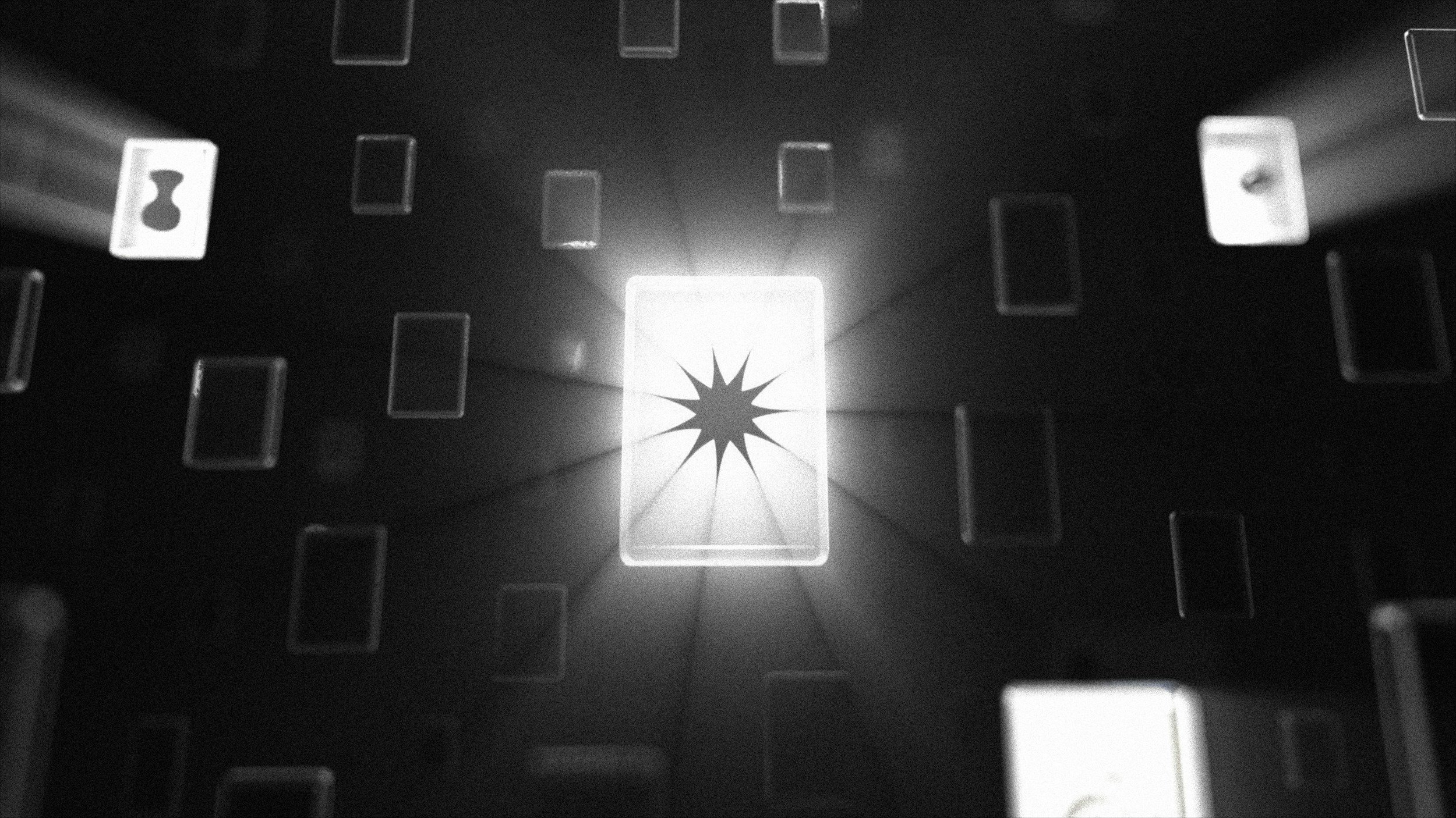 A glowing card with a starburst symbol in the center, surrounded by floating rectangular cards, in a dark environment.