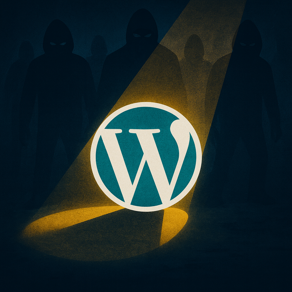 Dark background with shadowy figures wearing masks surrounding a large WordPress logo that is illuminated by a spotlight.