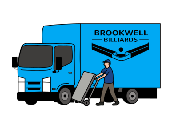 A man rolling a pool table slate on a dolly out to his company's moving truck