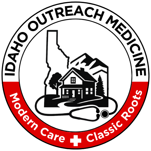 Logo of Idaho Outreach Medicine featuring a house, mountain, and tree with a stethoscope, surrounded by the text 'Idaho Outreach Medicine,' 'Modern Care,' and 'Classic Roots'.