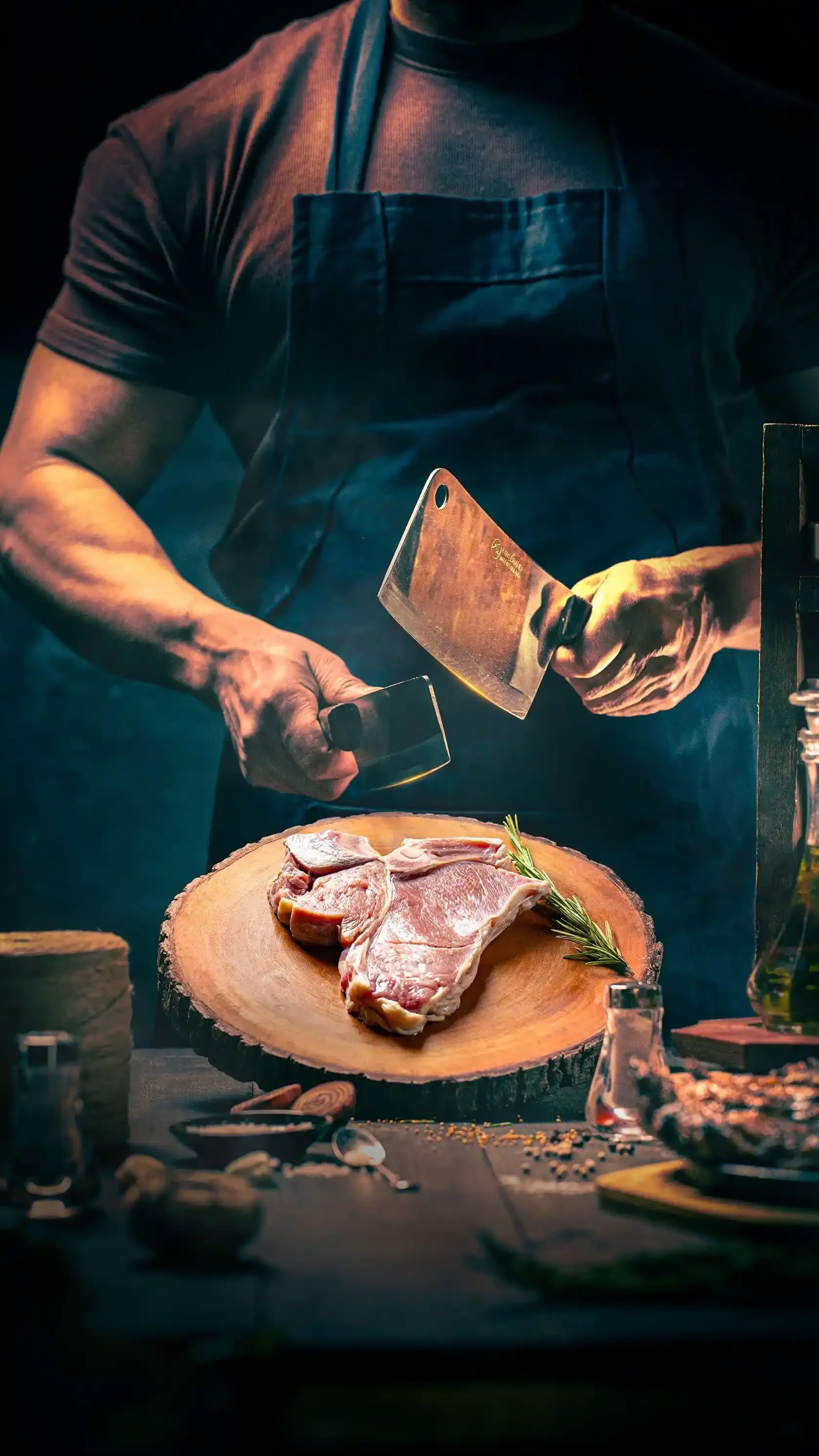 Moody commercial photography of a chef preparing a raw steak on a wooden board, capturing the culinary craftsmanship and rustic ambiance of Arrowhead Grill.