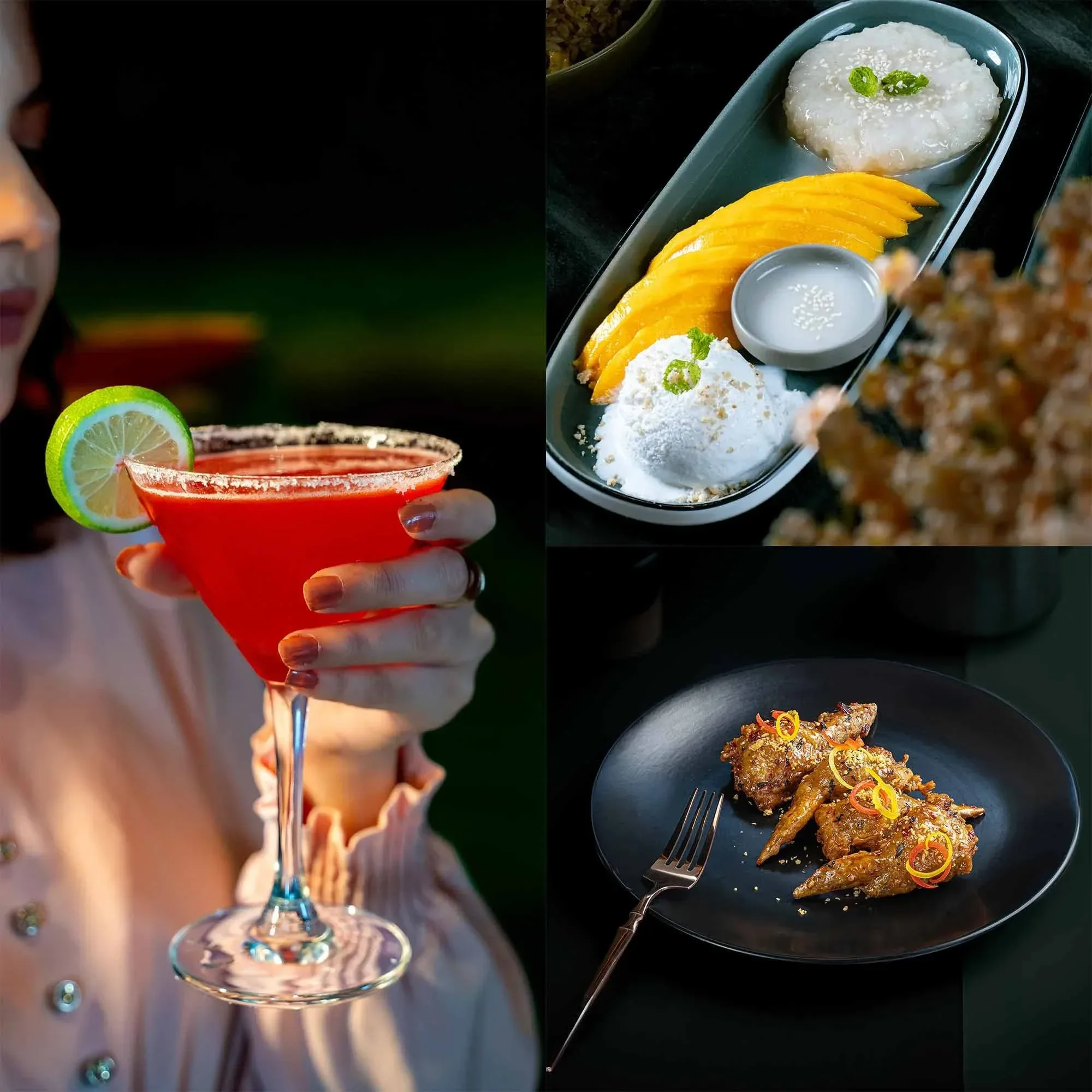 A collage of Yenzo's fine dining offerings including a red cocktail, mango sticky rice, and appetizers, highlighting professional food plating and photography.