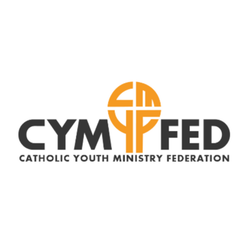 Logo of the Catholic Youth Ministry Federation (CYMFED) featuring an orange cross with a circular design, and the text 'CYMFED' with 'Catholic Youth Ministry Federation' below.