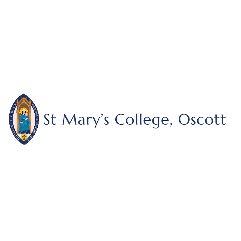 St. Mary’s College, Oscott logo with a crest featuring a religious figure, a crown, and floral elements.