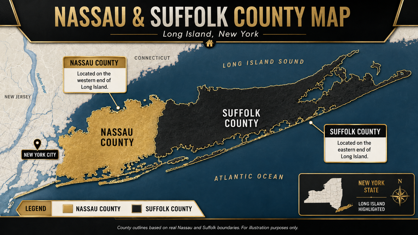 Nassau and Suffolk County map for Long Island homebuyers.