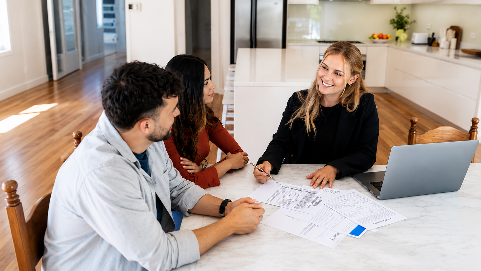 Buyers reviewing a Long Island home-buying budget.