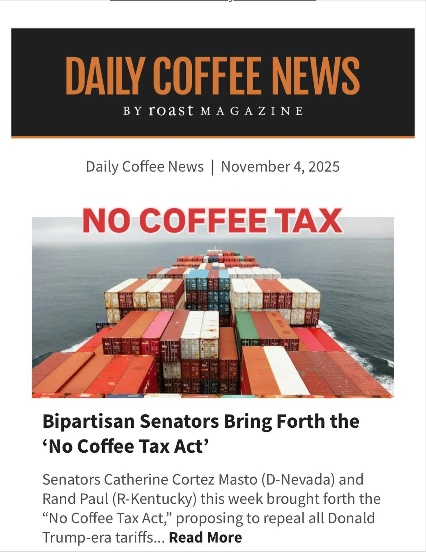 See linkinBio for link to the article. THANK YOU to everyone who has contacted their congresspeople to tell them to sign on to the &quot;NO COFFEE TAX&quot; bill. THANK YOU to @roastmagazine for following this story and pulling together the sound bit